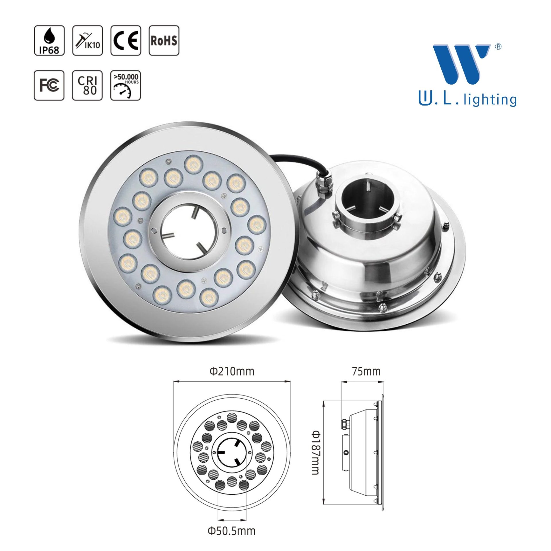 (Project Pre-order) โคมไฟใต้น้ำ ไฟน้ำพุ SS316L กันน้ำ IP68 18W รุ่น WL-UW316-Fountain-18W - Image 2