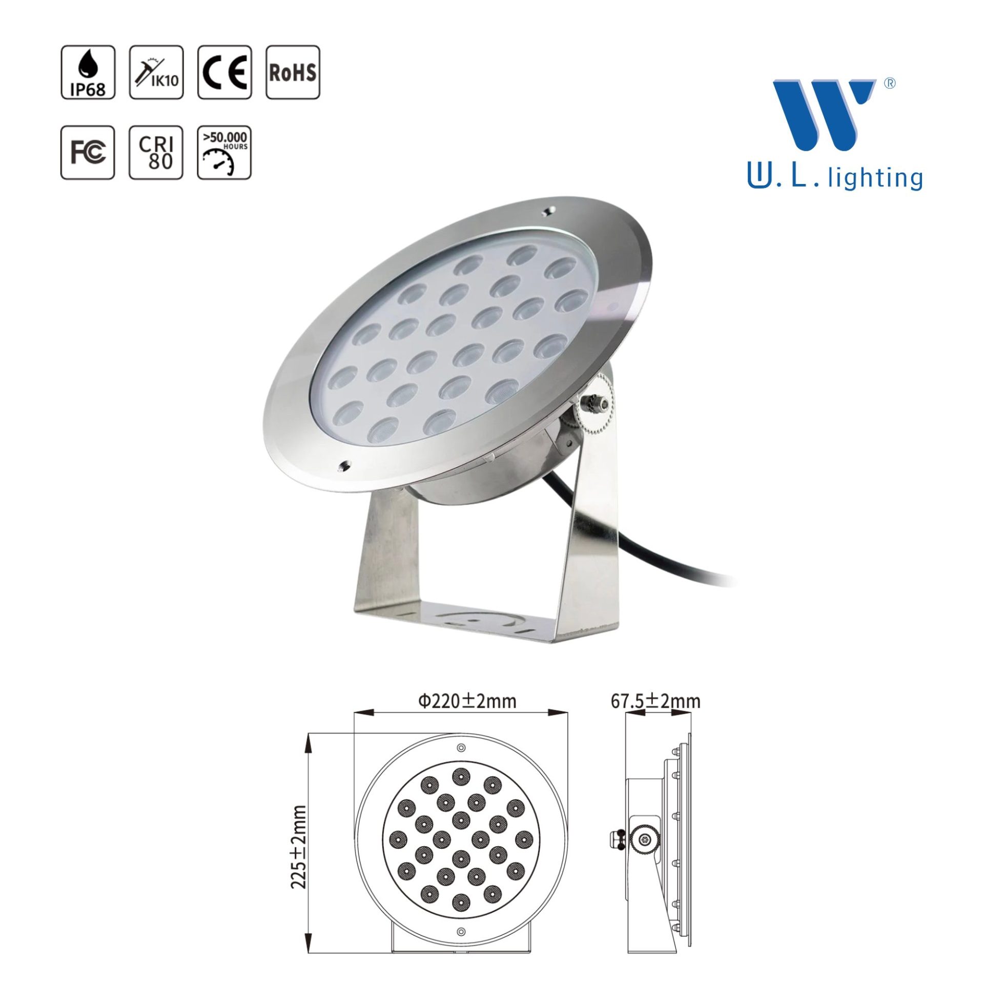 (Project Pre-order) โคมไฟใต้น้ำ ไฟน้ำพุ SS316L กันน้ำ IP68 36W รุ่นWL-UW316-Stand-36W - Image 2