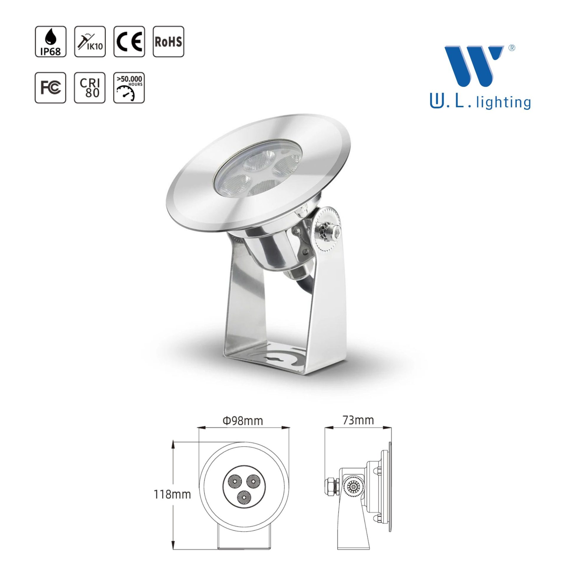 (Project Pre-order) โคมไฟใต้น้ำ ไฟน้ำพุ SS316L กันน้ำ IP68 5W รุ่น WL-UW316-Stand-5W - Image 2