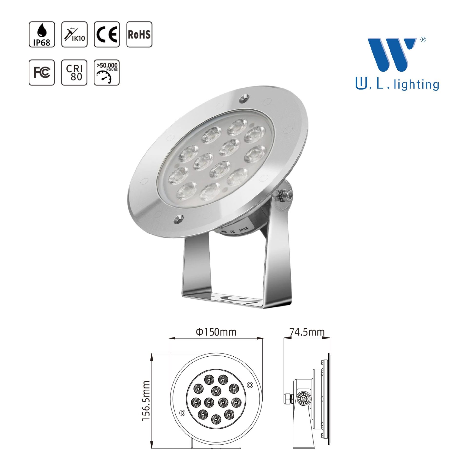 (Project Pre-order) โคมไฟใต้น้ำ ไฟน้ำพุ SS316L กันน้ำ IP68 9W รุ่นWL-UW316-Stand-9W - Image 2