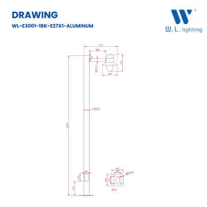 โคมไฟเสาสนามทรงกระโปรงอลูมิเนียมใช้สำหรับภายนอกสูง 3 เมตร WL-E3001-1-BK-E27x1 - Image 3