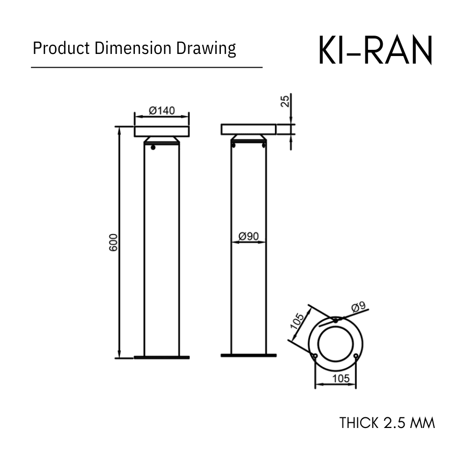 โคมไฟสนาม 60 CM รุ่น KIRAN-BL004-12W-600 - Image 2