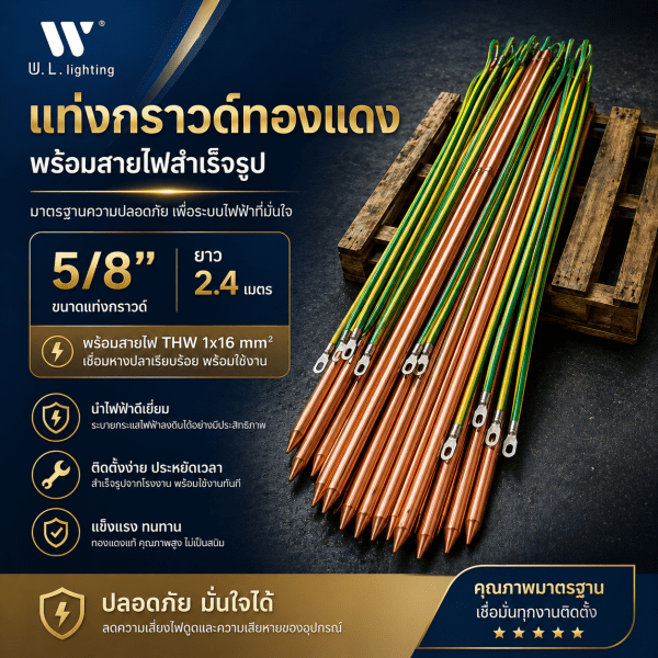 แท่งกราวด์ทองแดง 5/8" ยาว 2.4 เมตรพร้อมสายไฟ THW 1x16 + หัวหางปลา
