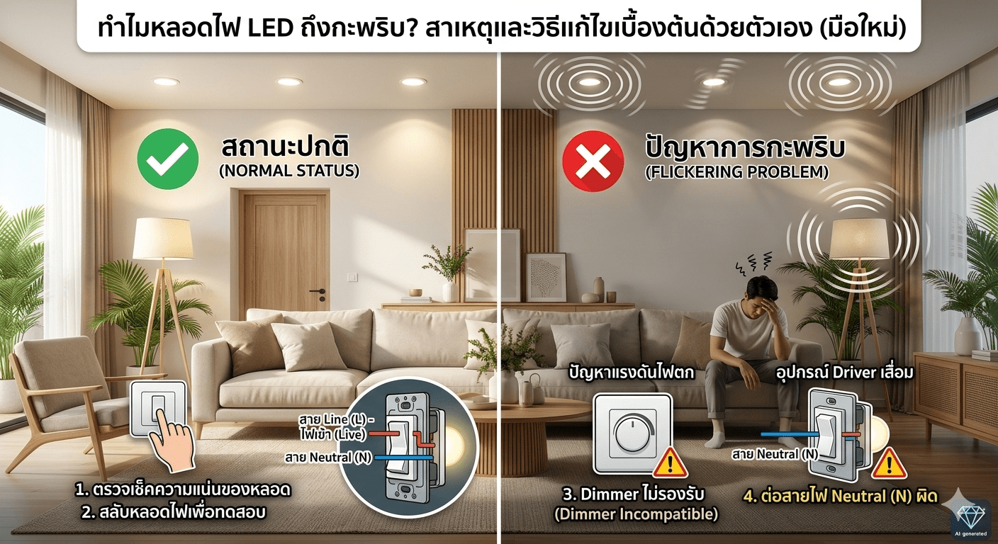 Read more about the article ทำไมหลอดไฟ LED ถึงกะพริบ? สาเหตุและวิธีแก้ไขเบื้องต้นด้วยตัวเอง (ฉบับมือใหม่)