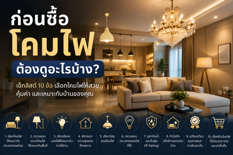Read more about the article 10 ข้อควรรู้ ก่อนซื้อโคมไฟ ต้องดูอะไรบ้าง? คู่มือเลือกโคมไฟให้สวย คุ้มค่า และเหมาะกับบ้านของคุณ