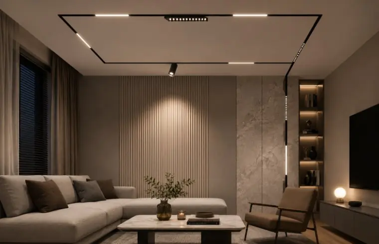ไฟรางแม่เหล็กติดตั้งบนฝ้าเพดานห้องนั่งเล่น W.L. Lighting