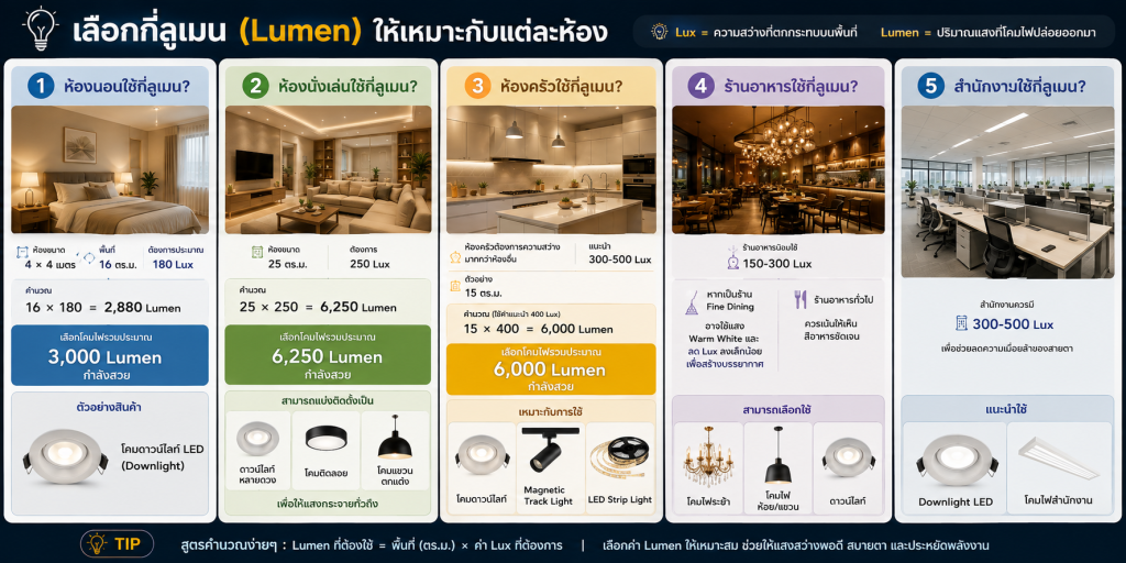 คู่มือเลือกกี่วัตต์และกี่ลูเมน สำหรับห้องนอน ห้องนั่งเล่น ห้องครัว และสำนักงาน