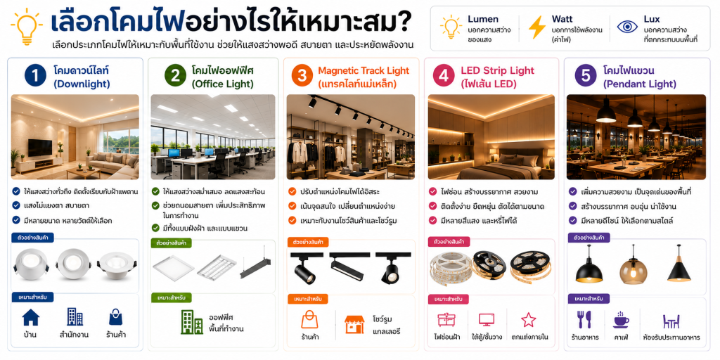 เลือกกี่วัตต์ให้เหมาะกับพื้นที่ใช้งาน พร้อมประเภทโคมไฟที่แนะนำ