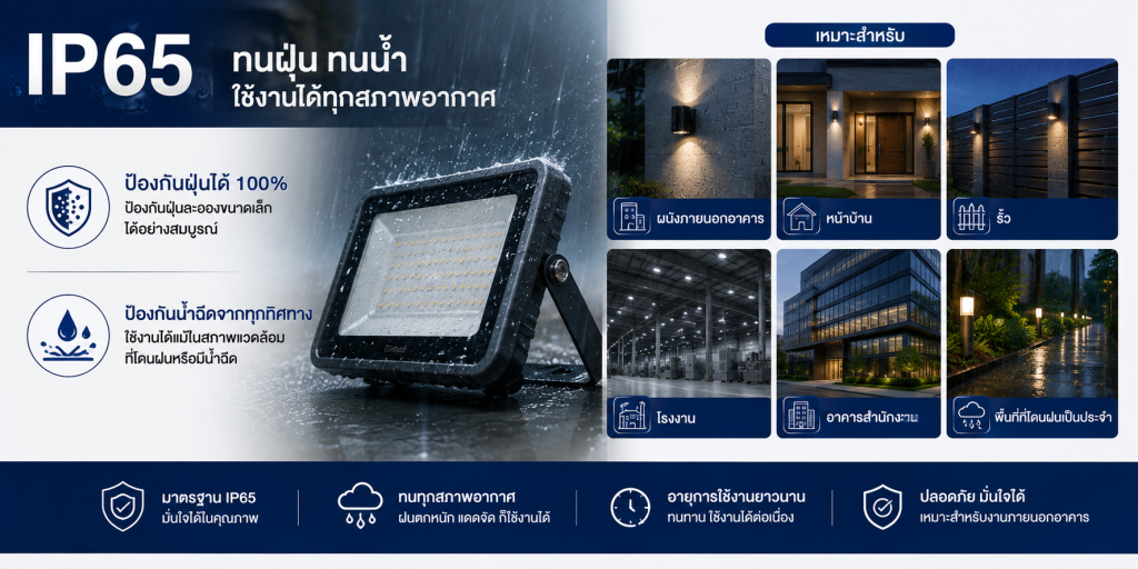 โคมไฟกันน้ำ IP65 ป้องกันฝุ่นและละอองน้ำ