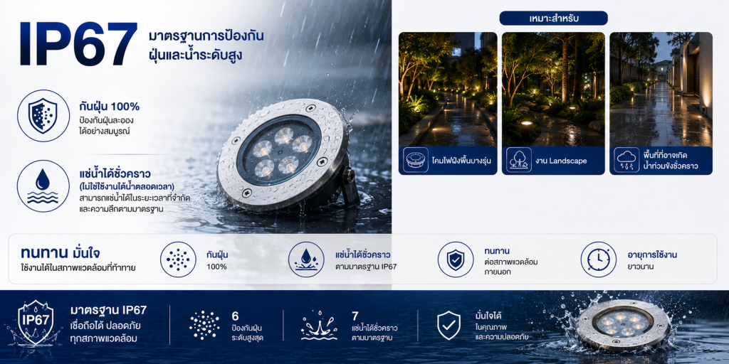 โคมไฟกันน้ำ IP67 ป้องกันการจมน้ำชั่วคราว