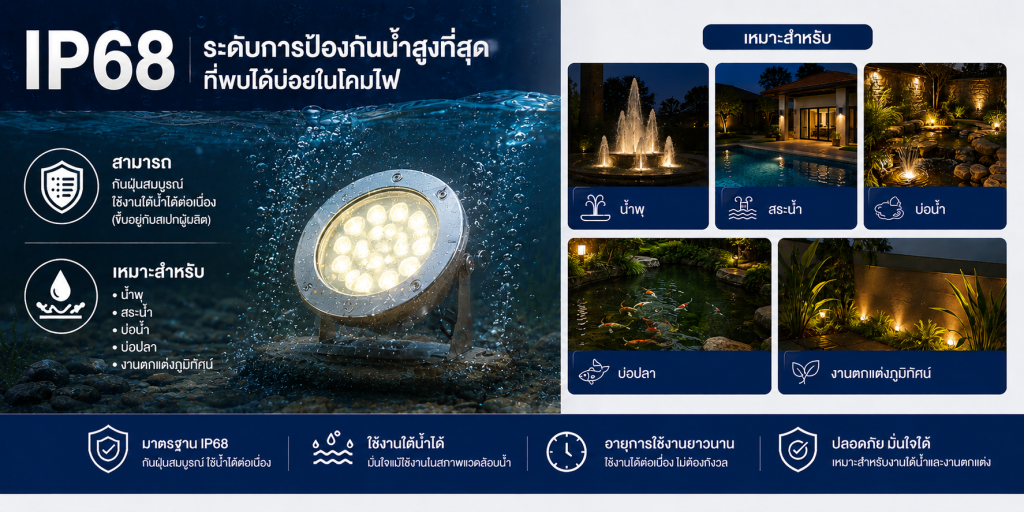 โคมไฟกันน้ำ IP68 ป้องกันการจมน้ำต่อเนื่อง