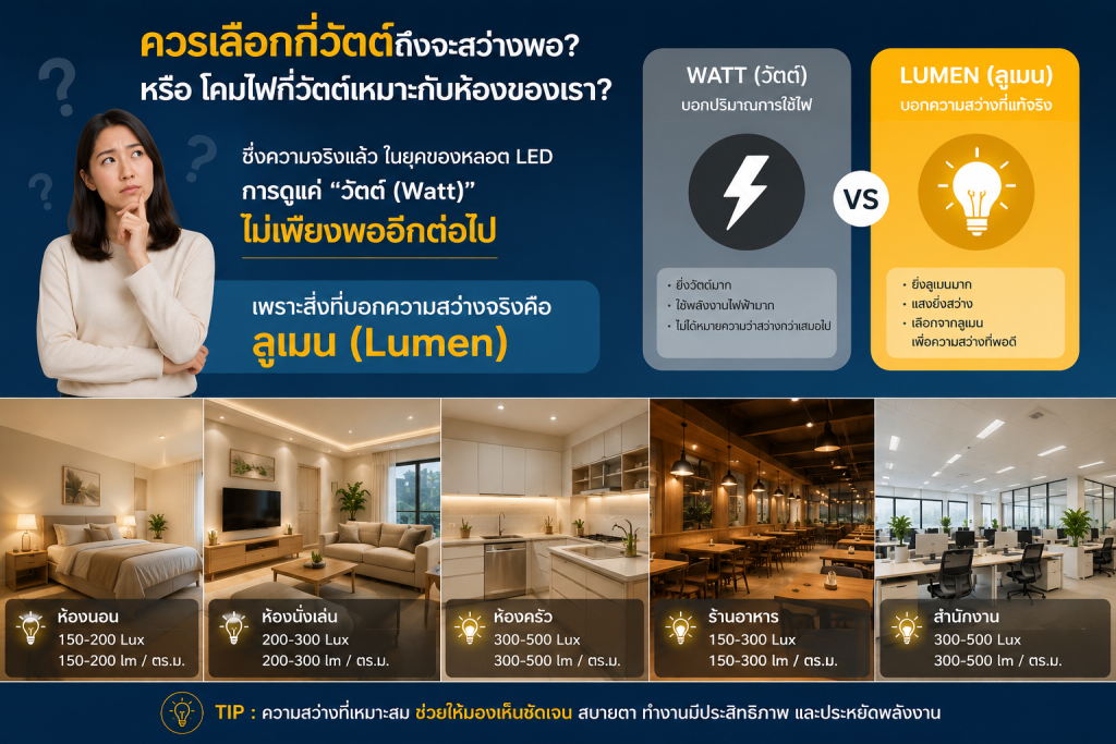 เลือกกี่วัตต์หรือกี่ลูเมนดี เปรียบเทียบ Watt และ Lumen ของโคมไฟให้เหมาะกับห้อง